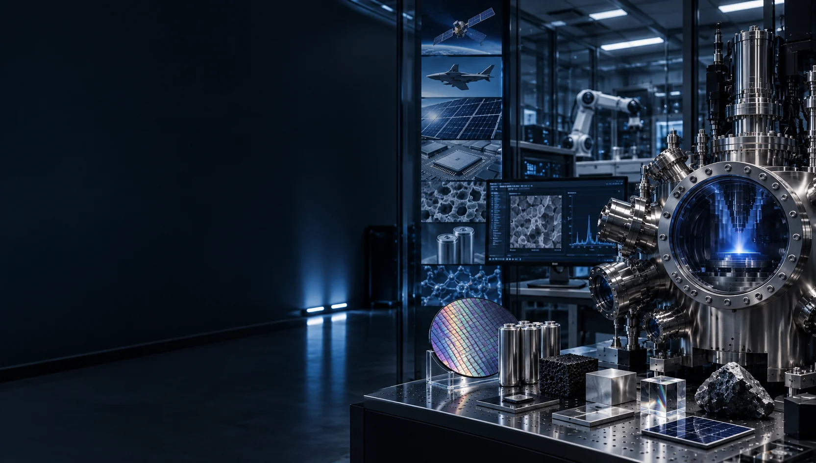 Ultra-high-vacuum deposition system with a glowing plasma viewport in a darkened research laboratory