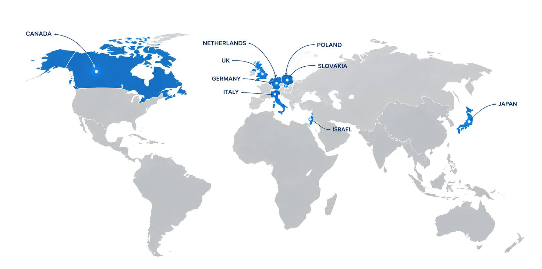 World map highlighting the countries where NB Instrument's technology partners are based